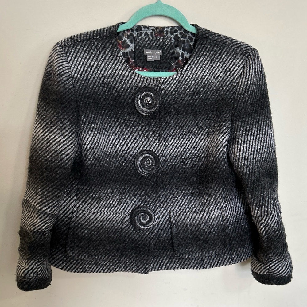 Anthracite Black & Gray Wool Blend Blazer Size 6 Eccentric Lining & Snap Buttons